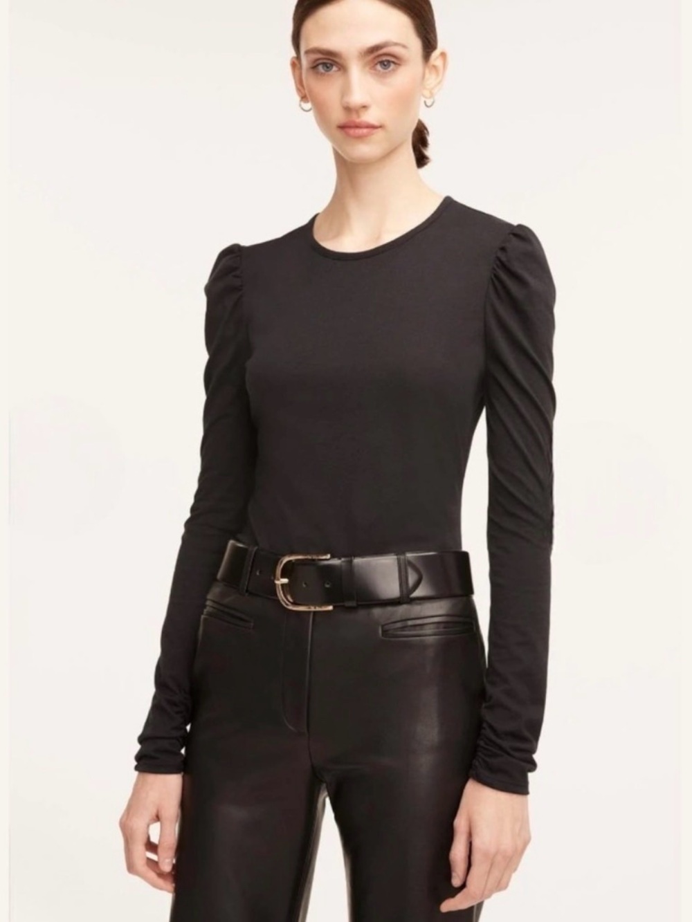 Rebecca Taylor Ruched Slim Long Puff Sleeve T-Shirt Black Tee Crewneck
